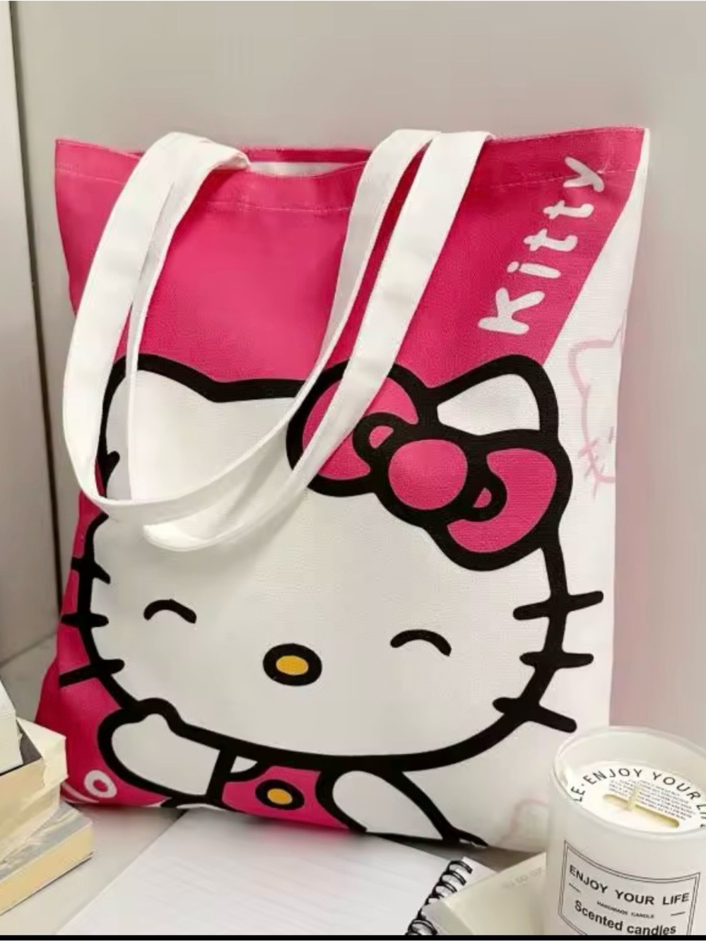 Hello Kitty Hot Pink and White Canvas Tote Bag with Bow Graphic